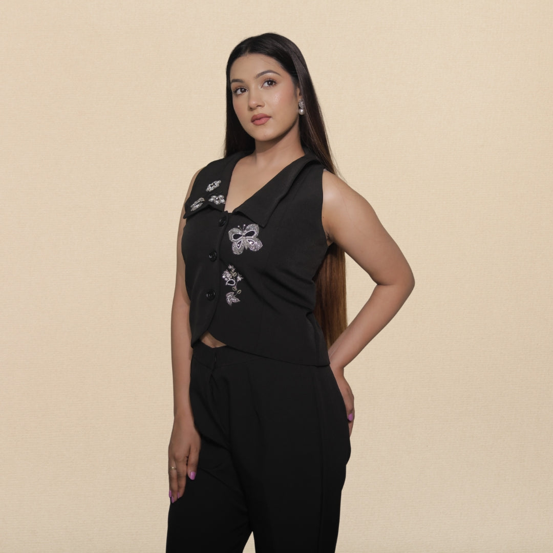 BLACK EMBROIDERED WAISTCOAT (TOP)