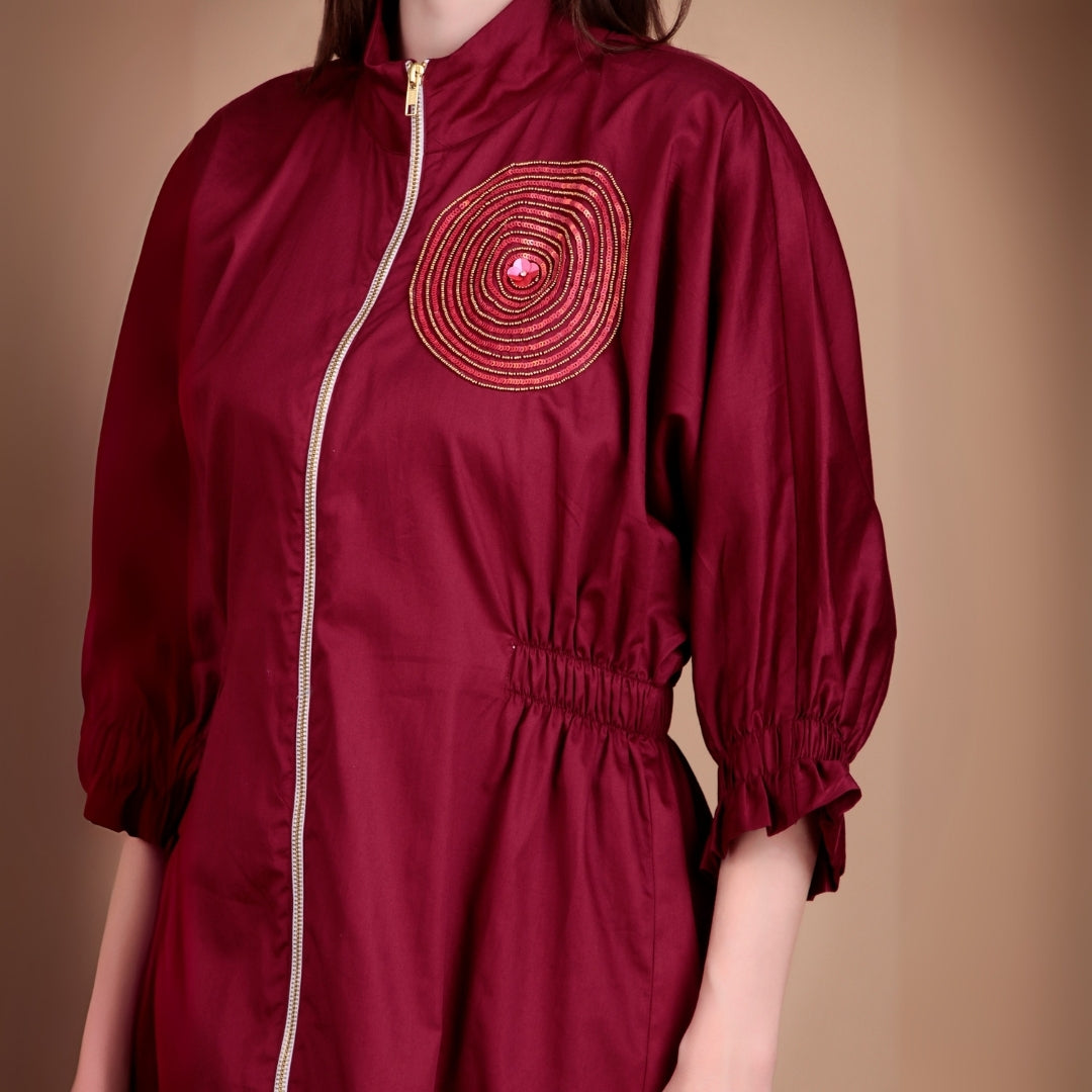 RUBY SWIRL EMBELLISHED ZIP DRESS