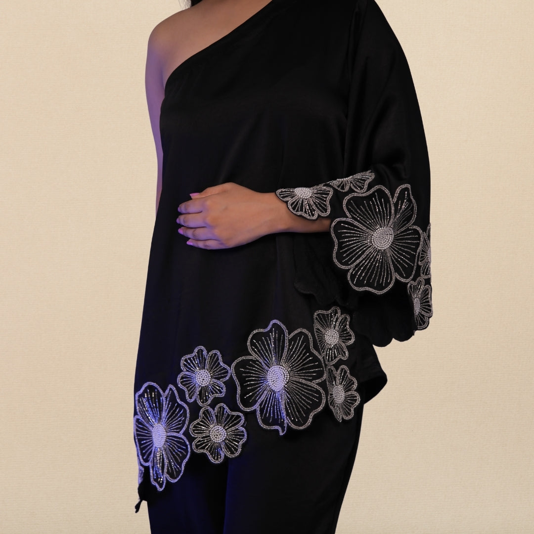 BLACK OFF SHOULDER EMBELLISHED TUNIC SET
