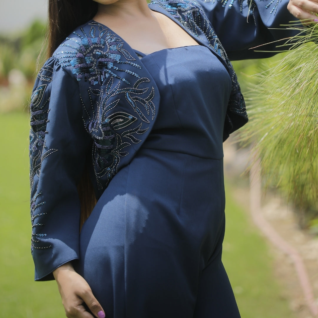 NAVY BLUE JUMPSUIT WITH AN EMBELLISHED SHRUG