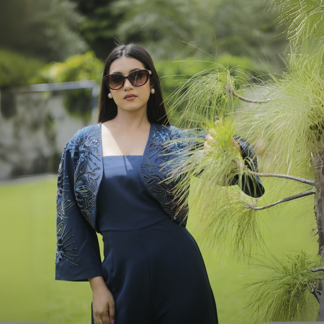 NAVY BLUE JUMPSUIT WITH AN EMBELLISHED SHRUG